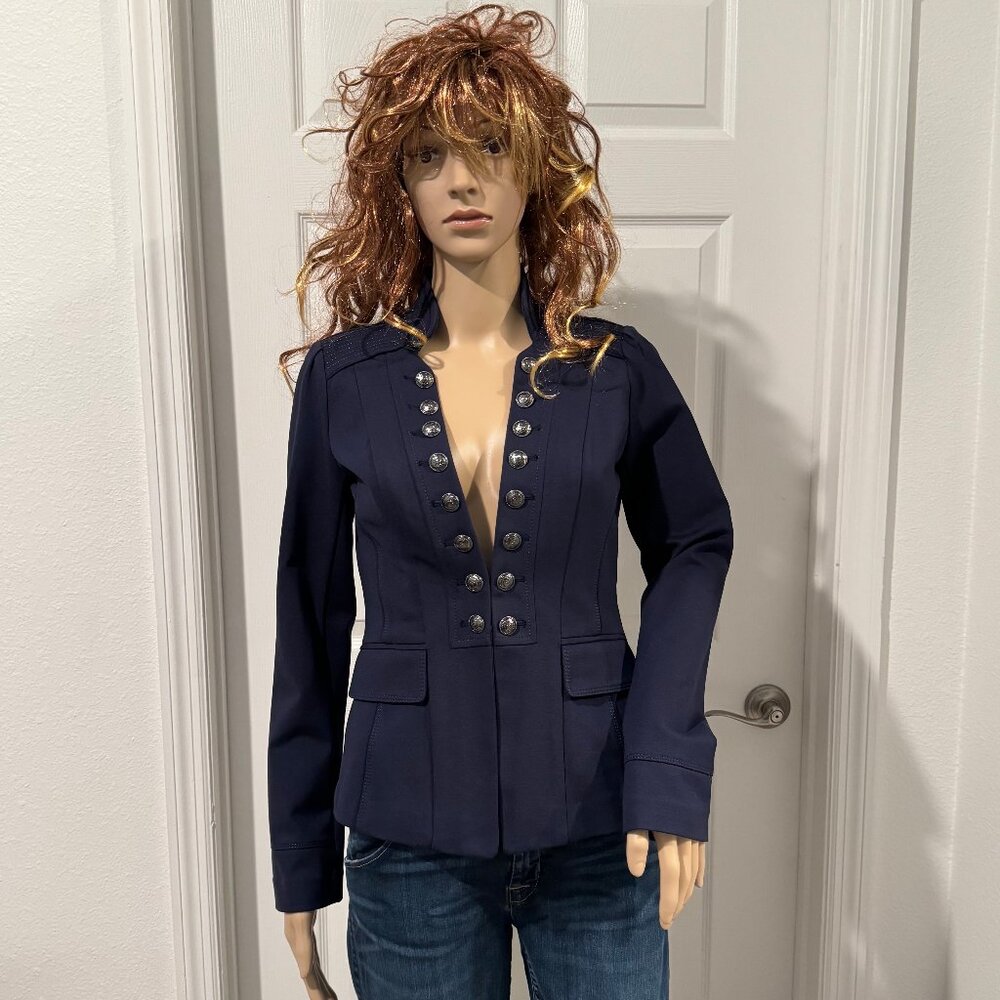 White House Black Market Dark Blue Military Ponte Button Jacket Sz 0 NWT $150